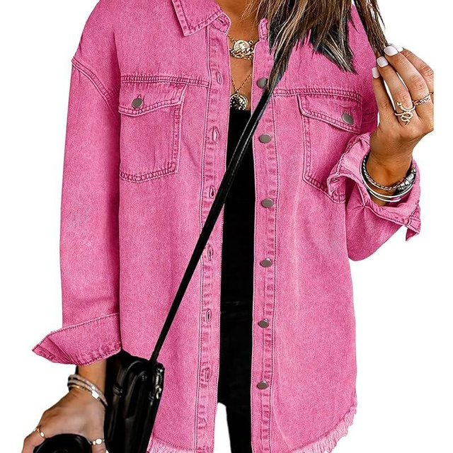Vetinee Women’s Oversized Button Up Frayed Hem Shacket Long Sleeve Pockets Denim Jean Jacket