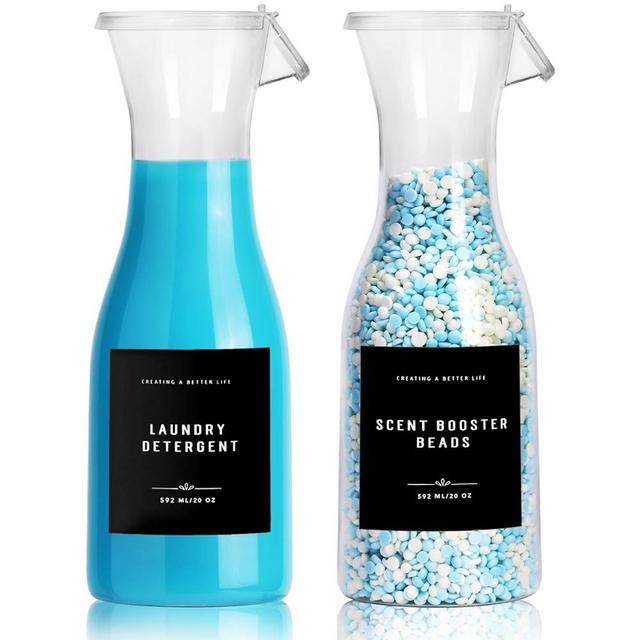 GIXSEGIE Laundry Detergent Dispenser Bottle 20oz with Waterproof Label for Laundry Detergent Soap Fabric Softener Bleach Scent Booster Beads, Sturdy PET Bottle for Laundry Room Decor 2 Pack Black