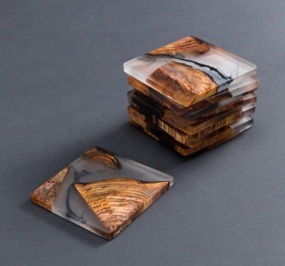 Wooden Coasters Set, Drink Coasters, Elegant Stylish Epoxy Coasters, Modern Coasters with Holder, Pine Wood Coaster