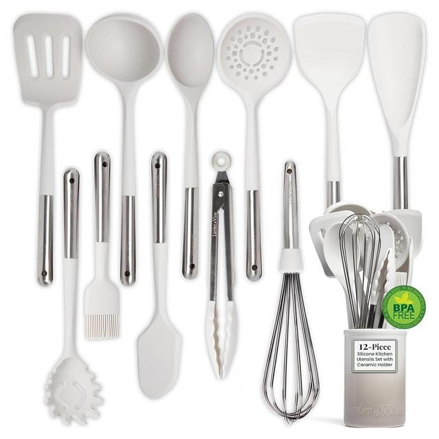 12-Piece Silicone Cooking Utensils Set | Silicone Utensils with Stainless Steel Handle and Ceramic Holder | Kitchen Utensils Set | Dishwasher Safe Set of Kitchen Essentials | French Gray