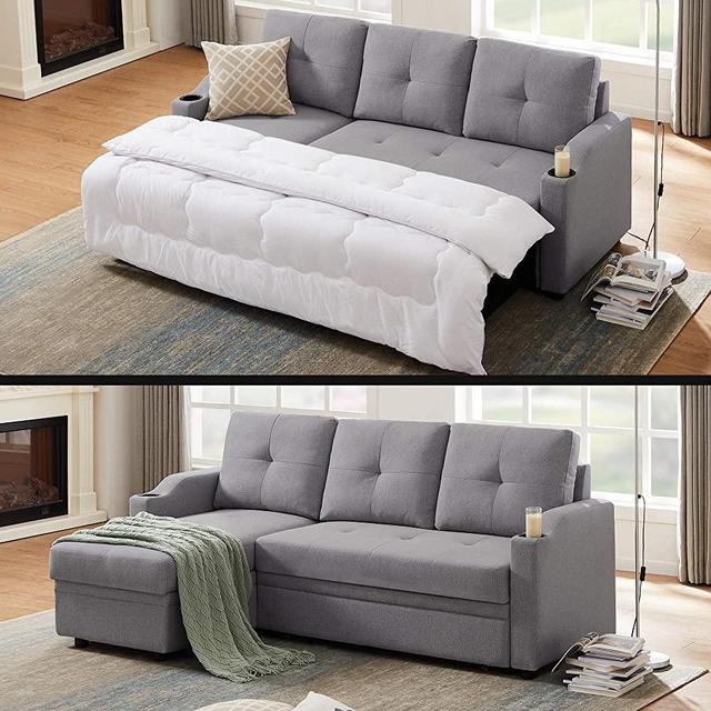 81inch Reversible Sleeper Sectional Sofa with Storage and 2 Cup Holder -Contemporary Corner Sectional with Pull-Out Sleeper and Chaise,3 Seat Sectional Sofa with Storage