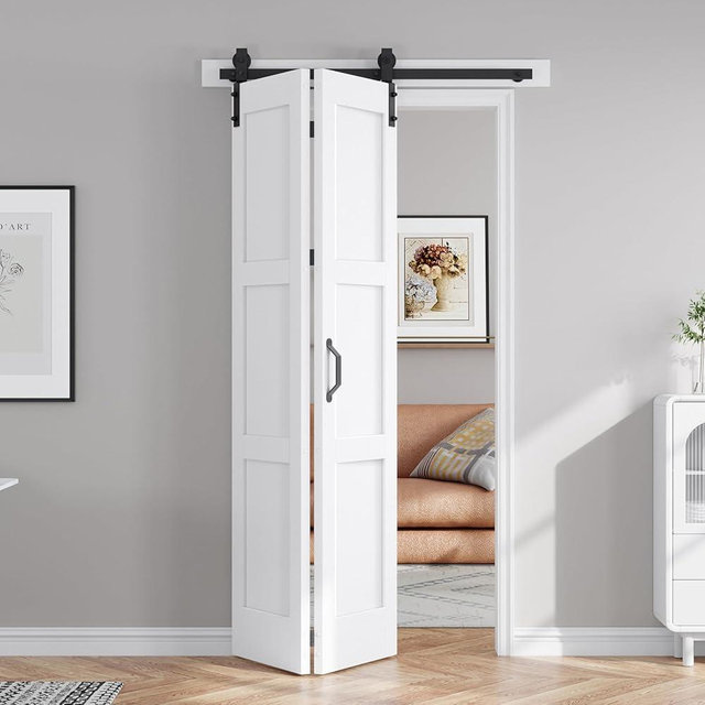 FREDBECK 42X84(Double 21x84) Bifold Door Bi-fold Barn Doors White Double with 46" Hardware Track Kit Included,Solid MDF with Water-Proof PVC Surface for Closet,Assembly Required