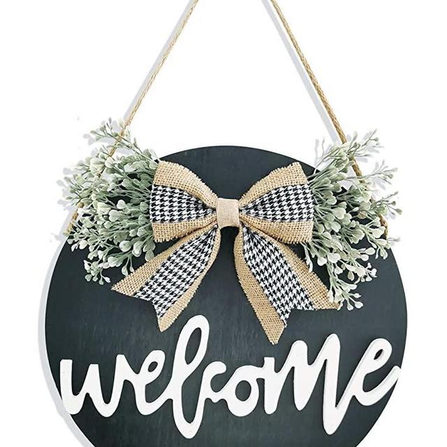 Welcome Sign Porch Decor, Rustic Wooden Door Hangers Front Door Outdoor Hanging Vertical Sign (Black)
