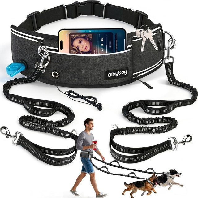 Qltytoy Hands Free Double Dog Leash for Two Dogs,240LB Heavy Duty Retractable with Partitioned Pouch Adjustable Waist for Walking Running Jogging Hiking Biking Training for Medium/Large(Not for＜25LBS)