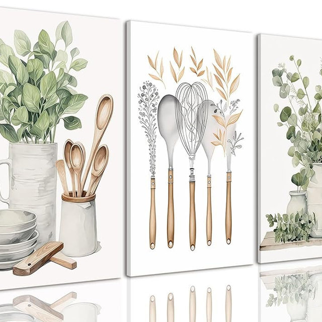 AOYUSMO 3 Piece Canvas Wall Art Kitchen Wall Art Sage Green Pictures Botanical Paintings Farmhouse Artwork Eucalyptus Nature Art Prints for Dining Room 12"x16"