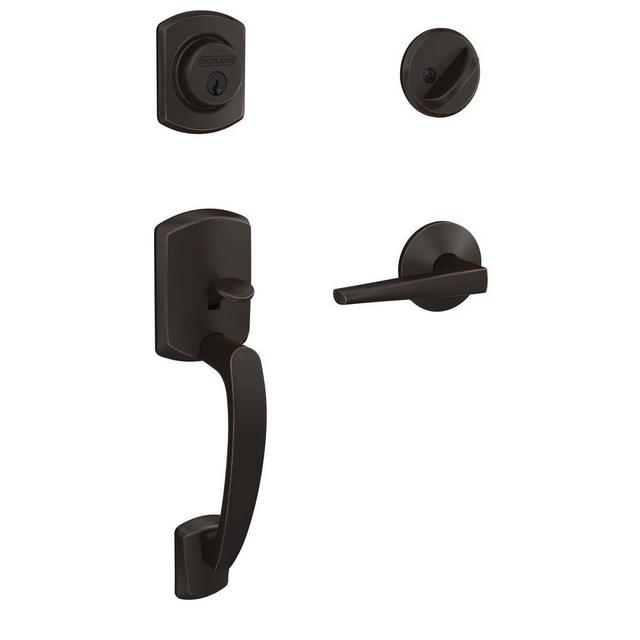 Custom Greenwich Aged Bronze Single Cylinder Door Handleset with Eller Door Lever