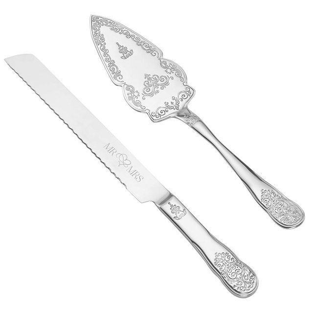 AW Bridal Silver Cake Cutting Set for Wedding with Spoons, Stainless Steel Engraved Wedding Cake Knife Pie Server Gifts for Bridal Shower Engagement, Silver