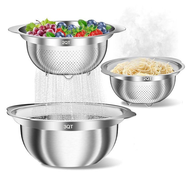 Stainless Steel Colanders with Mixing Bowl - 2.0QT & 2.0QT Strainer and Colander with Handle, 3.0QT Nesting Kitchen Bowl with Colander For Pasta, Vegetables, Fruit, Rice