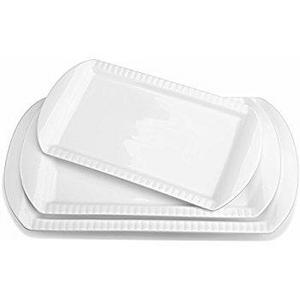 Lifver 15-inch Porcelain Embossed Rectangular Platter/Serving Plates, Set of 3, White