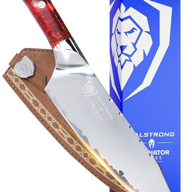 Dalstrong Chef Knife - 8 inch - Valhalla Series - 9CR18MOV HC Steel Kitchen Knife - Red Resin & Wood Handle - Razor Sharp Kitchen Knife - Cooking Knife - Chef's Knife - w/Leather Sheath