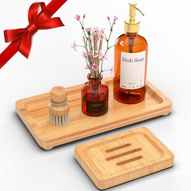 YELLOW LOTUS Bamboo Bathroom Accessories Set 2pcs - Wooden Bar Soap Dish Holder and Bamboo Tray for Bathroom, Kitchen Countertop, Shower, Neutral Kitchen Sink Dish Soap Tray, 9 inch, Natural