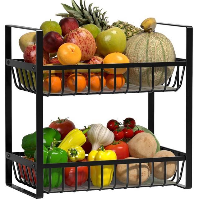 Webtrylics Fruit Basket for Kitchen Counter,Fruit Bowl,Countertop Organizer for Onion Bread and Snack Storage,Heavy Duty Metal Fruit Stand Holder with Liners (2 Tier)
