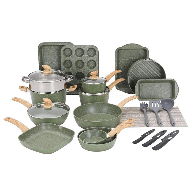 MAISON ARTS 30 Piece Pots and Pans Set Non Stick, Kitchen Cookware & Bakeware Sets with Nonstick Granite Coating, Baking Tray, Frying Pan and Saucepan, Green