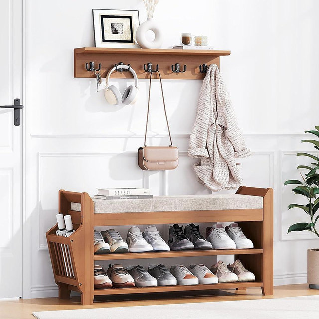 PETKABOO 31.5" Shoe Bench with Coat Rack Hidden Drawer and Side Holder, 2 Tier Entryway Bench with Storage 39.4 in, Bamboo Shoe Rack with Cushion for Entryway Hallway Living Room Bedroom