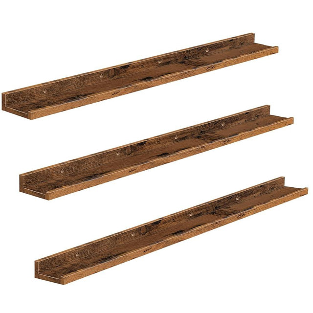 HOOBRO Floating Shelves, Wall Shelf Set of 3, 47.2 Inches Hanging Shelf with Raised Edge and Invisible Brackets, for Bathroom, Bedroom, Kitchen, Office, Living Room Decor, Rustic Brown BF92BJ01