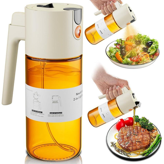 2026 Upgrade 2 in 1 Oil Sprayer for Cooking, 17oz Olive Oil Dispenser Bottle for Kitchen Gadgets with Stickers, Large Advanced Food Grade Light-Blocking Glass Spray Bottle for Salad, Air Fryer, BBQ