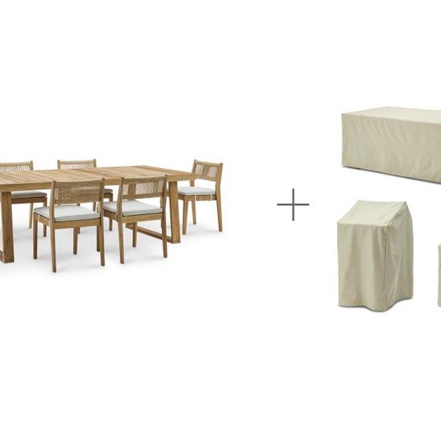Rio Teak Dining Table, 94.5" with 6 Chairs