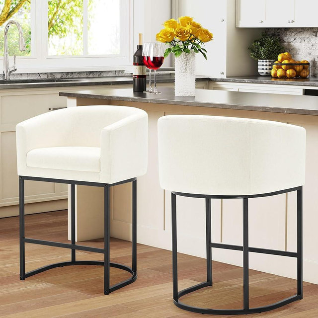 WorthFurni 26" Counter Height Bar Stools Set of 2, Modern Counter Stools with Back, Linen Upholstered Barrel Barstools with Metal Frames for Kitchen Island, Home Bar