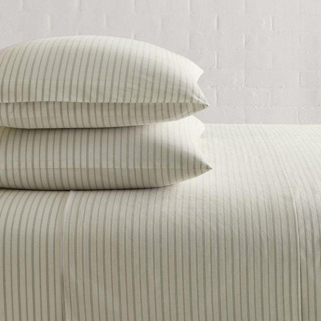 Organic Washed Cotton Sheet Set, Queen, Vetiver Green Multistripe