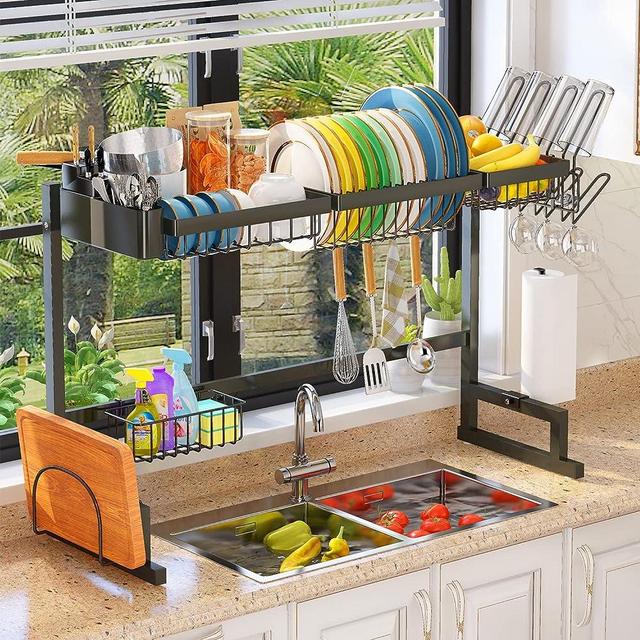 ADBIU 【Fit Sink 24"- 35.5" L 2023 Over The Sink Drying Rack (Expandable Height/Length) Snap-On Design 2 Tier Large Dish Rack Stainless Steel Kitchen Count Organization and Storage