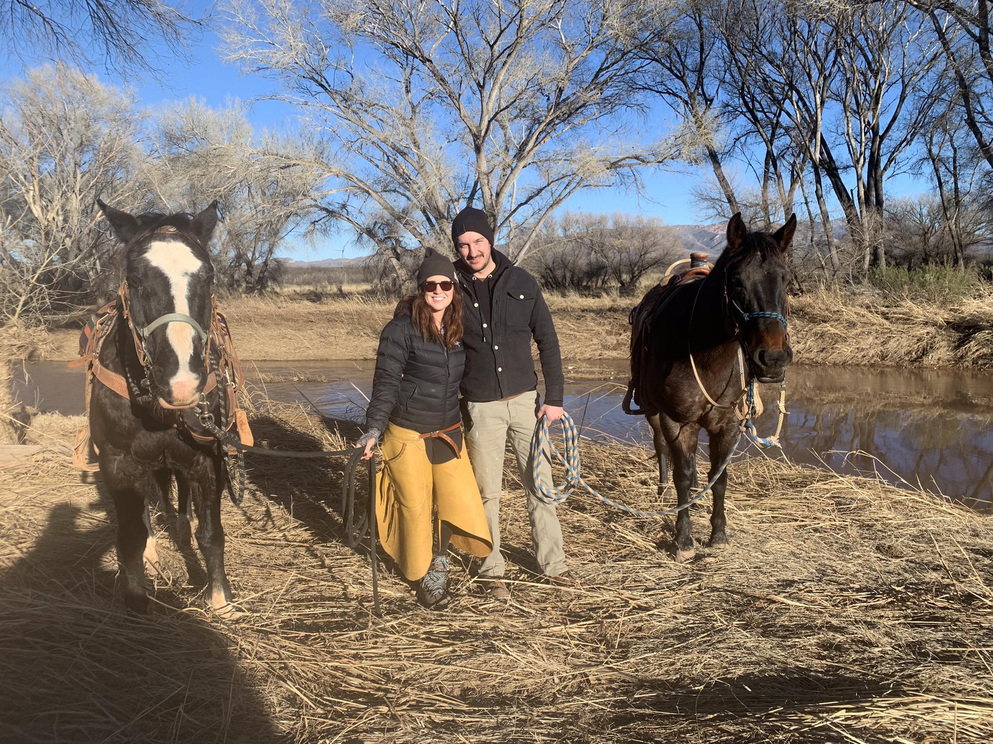 Bisbee, Arizona. Only one of us was properly dressed and the other was forced to wear very fashionable chaps  while horseback riding through thorns 😂