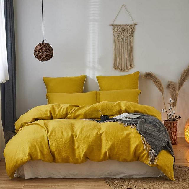 Simple&Opulence 100% Washed Linen Duvet Cover Set 3pcs Basic Style Natural French Flax Solid Color Soft Breathable Bedding with Button Closure (Queen, Mustard Yellow)