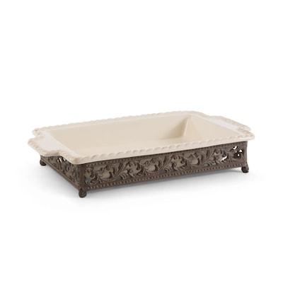 The GG Collection Acanthus Ceramic Baker with An Artfully Crafted Scrolled Metal Base, 14 -in By 9 -in