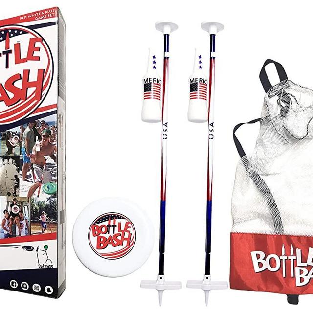 Bottle Bash Standard Outdoor Game Set – New Fun Disc Toss Game for Family Adult & Kid to Play at Backyard Lawn Beach Game - Frisbee Target Yard Game with Poles & Bottles (Beersbee & Polish Horseshoes)