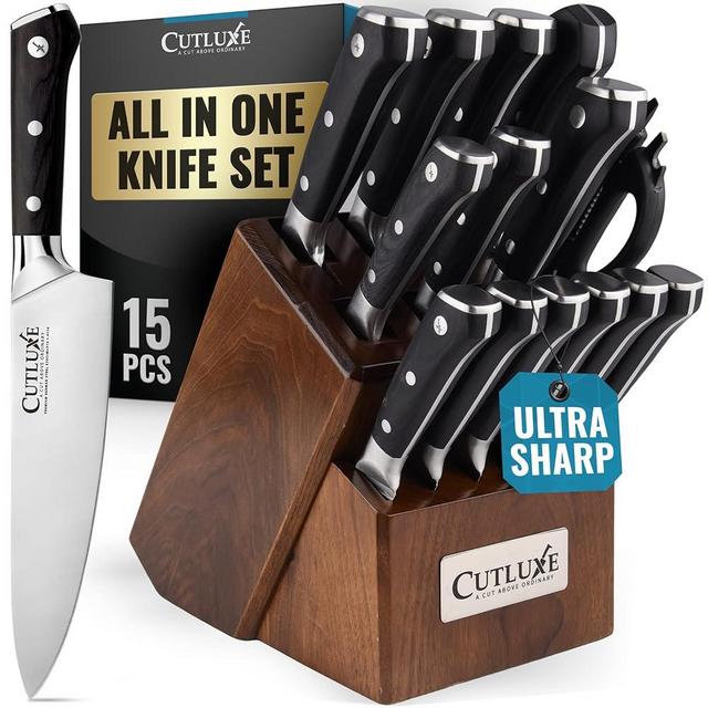 Cutluxe Knife Set with Block – 15-Piece Knives Set for Kitchen, Professional Chef Knife Set with Block, Ultra Sharp High Carbon German Stainless Steel, Full Tang, Walnut Wood Block – Artisan Series