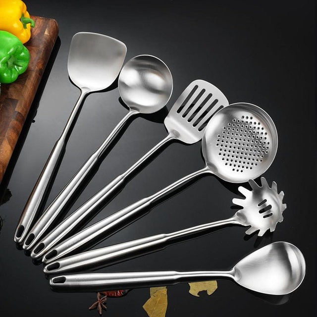 NIITAWH Stainless Steel Kitchen Utensils, 6 PCS Professional All Metal Cooking Utensils Set, Wok Spatula, Ladle, Skimmer, Slotted Spatula Turner, Spaghetti Spoon, Large Spoon 14"
