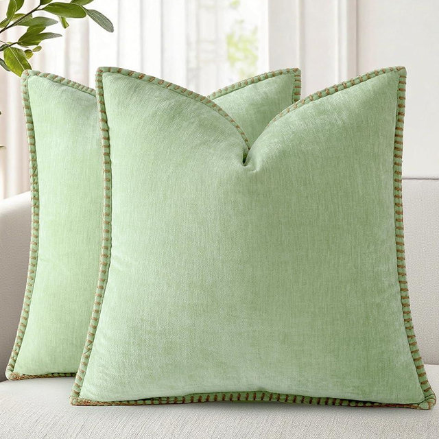 decorUhome Summer Chenille Soft Cozy Throw Pillow Covers 22x22 Set of 2, Modern Farmhouse Boho Velvet Decorative Euro Sham Pillow Cases with Stitched Edge for Couch Sofa Bed Home Decor, Sage Green