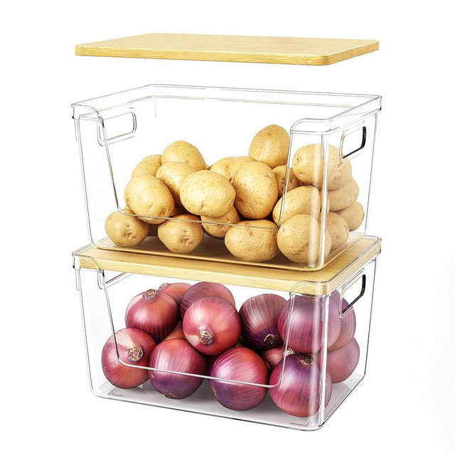 Ducoak Potato Storage & Onion Storage Bins with Bamboo Lids, Stackable Clear Front-Open Pantry Organizers with Handles for Garlic and Produce, Kitchen Counter or Cabinet (3-Pack)
