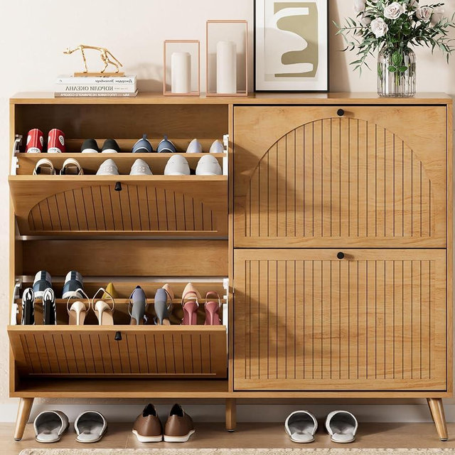 Fsbecl Shoe Storage Cabinet for Entryway with 4 Flip Drawers, Narrow Shoe Organizer with Fluted Panel, Freestanding Wood Hidden Shoe Cabinet (Wood Color, 4 Flip Drawers)