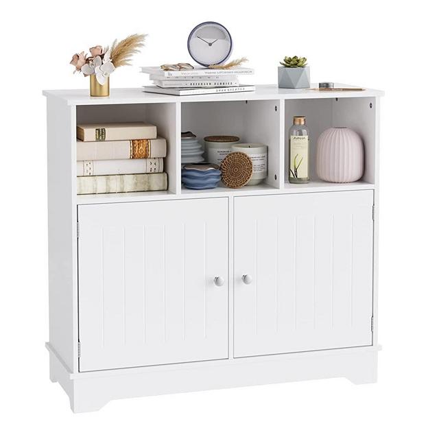 HORSTORS Storage Cabinet with Doors, Floor Bathroom Cabinet with 3 Open Cubes, Free Standing Side Cabinet for Living Room, Bedroom, Entryway, White