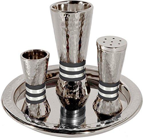 Havdallah Set Hammered Nickel Cone Shaped 4 Piece Set Designed with Black Rings