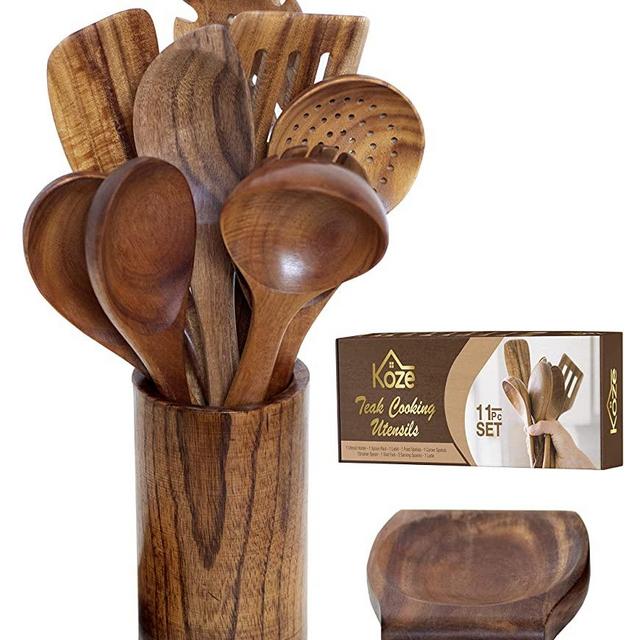 KOZE Complete Wooden Kitchen Cooking Utensil Set - Smooth Teak Wood Spoons and Spatulas for Nonstick Cookware - Kitchen Utensil Holder and Wooden Spoon Rest - Great Wedding Gift