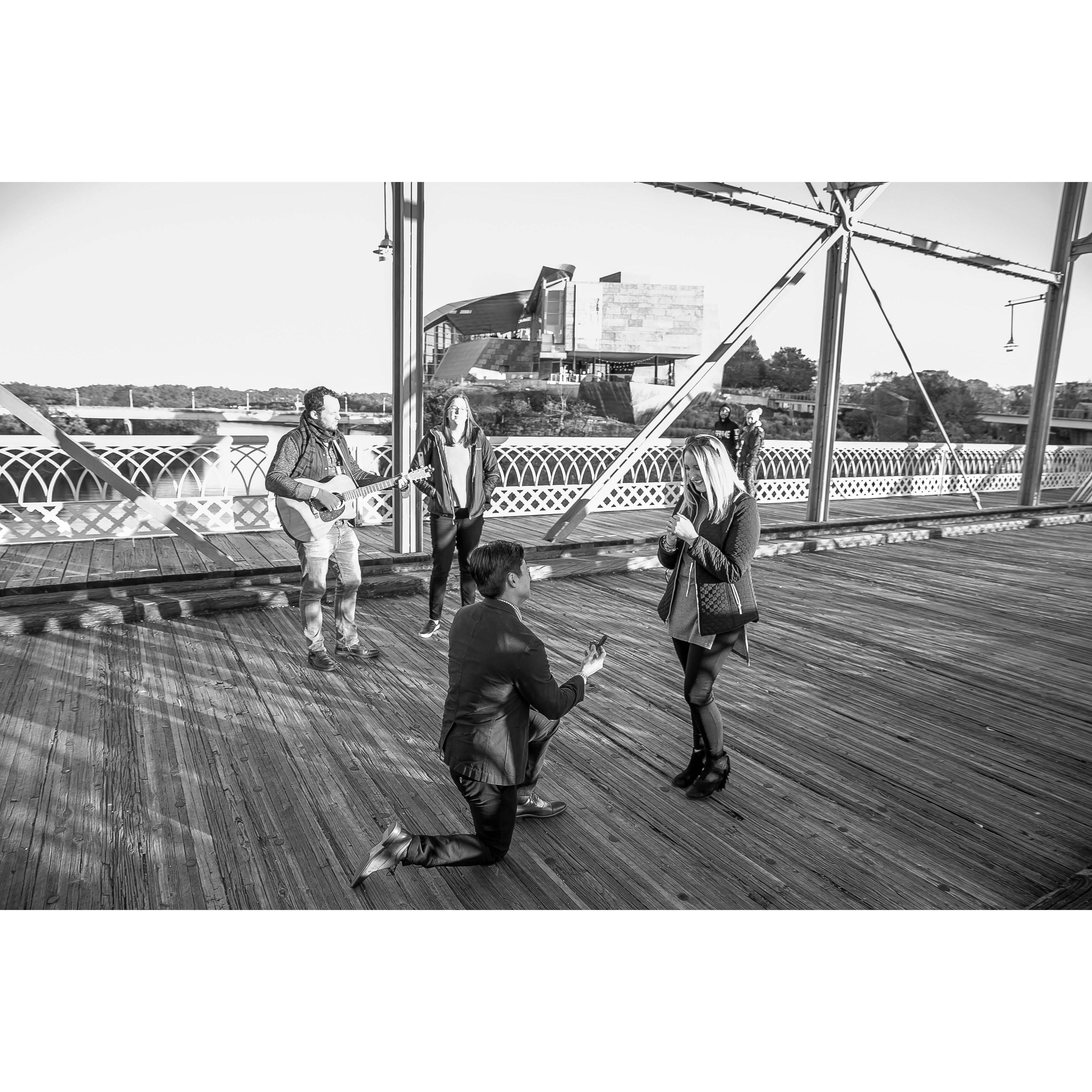 A sunset walk on the Walnut Street Bridge turned into a surprise proposal.