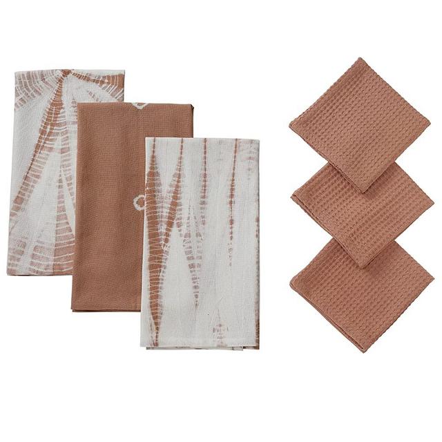 Folkulture Kitchen Towels and Dish Towels for Kitchen, Set of 6 Kitchen Towels and Dishcloths Sets, 20x26 Inches Tea Towels and 12x12 Inches Dish Cloths, 100% Cotton Tie Dye Indie Rosewood
