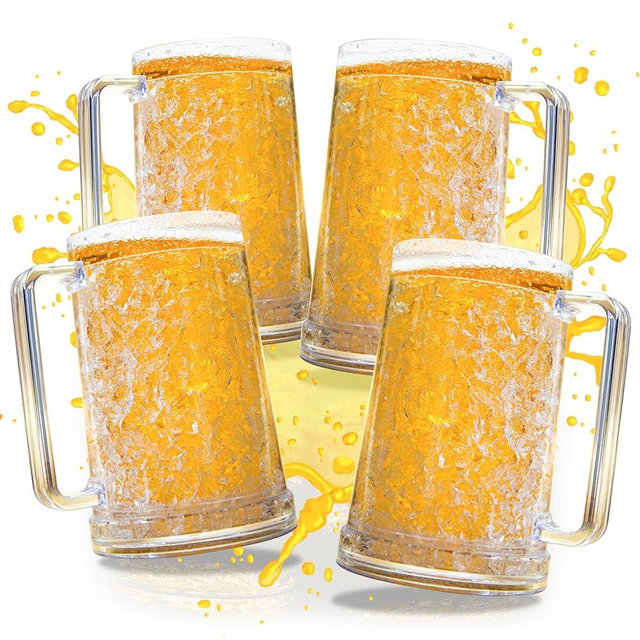 Granatan Beer Mugs with Gel Freezer 16 oz, Clear Double Walled Beer Mugs with Handles Set Of 4