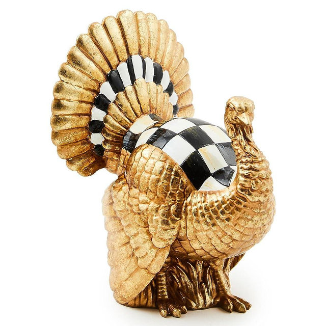 MACKENZIE-CHILDS Courtly Check Mini Gold Turkey Figurine, Resin Fall Home Decor