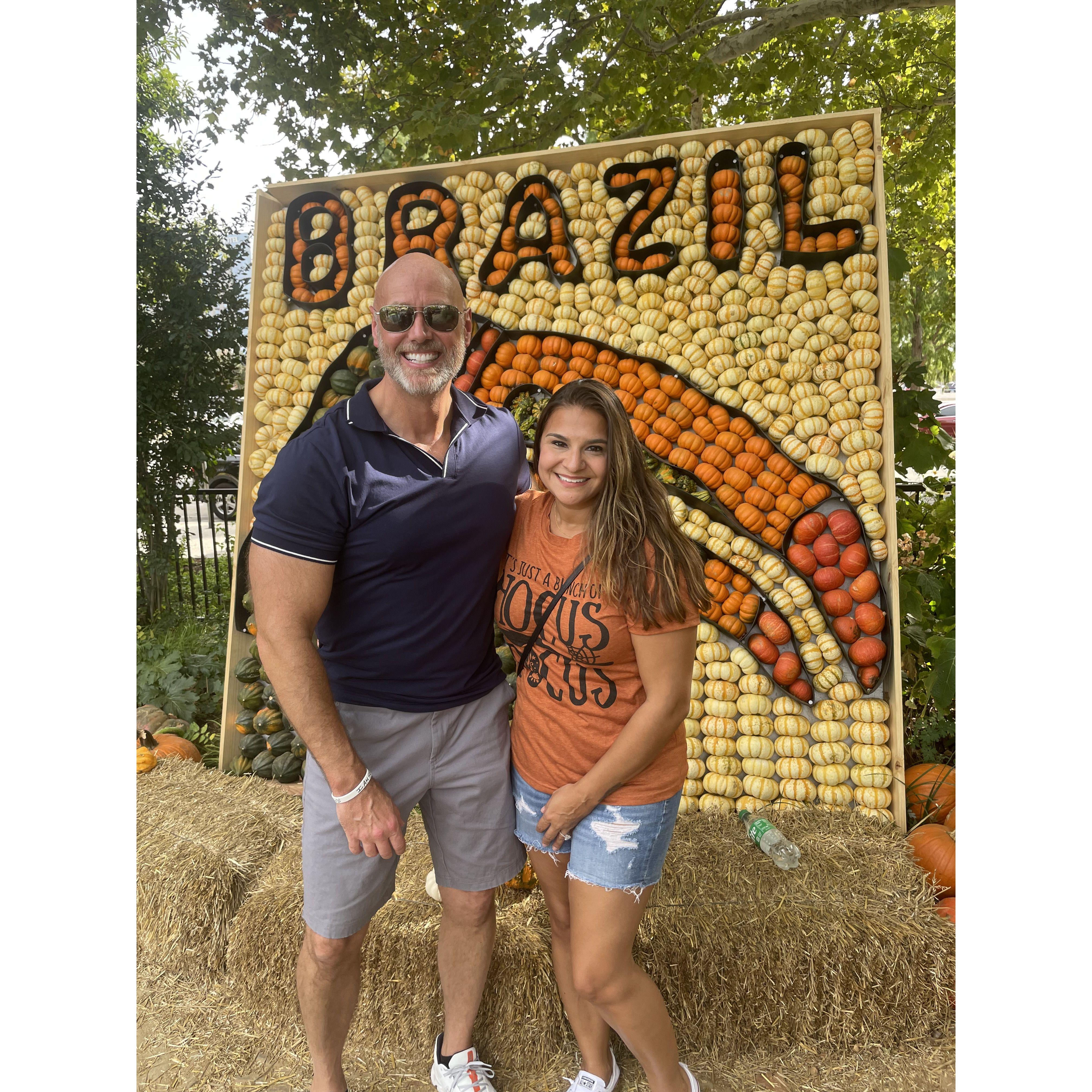 Pumpkinville in front of the Brazil mural. Toucan made of pumpkins and gords. Oct 2023