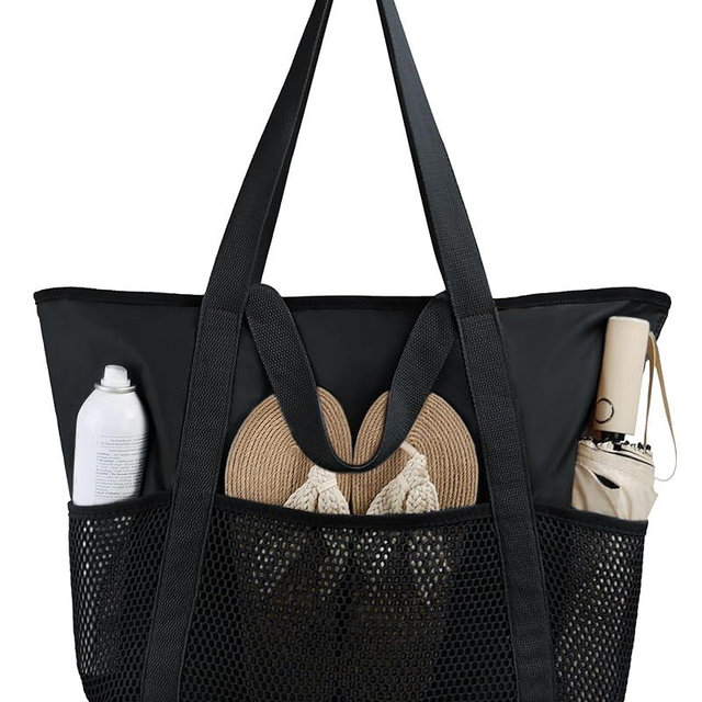 HOMESPON Beach Bag Large Waterproof Sandproof Foldable Tote for Women with Zipper Mesh Pockets for Pool Swim Travel Everyday