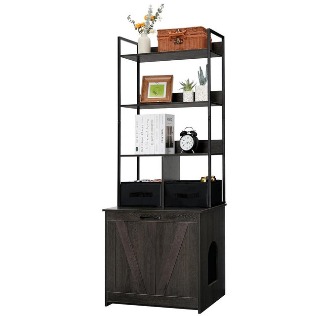 Dwanton Litter Box Enclosure with 3 Storage Shelves and 2 Drawers, 2-in-1 Hidden Cat Litter Box Enclosure Furniture with Shelf, Reversible Entrance, Washable Drawers, 61.8-Inch, Dark Grey
