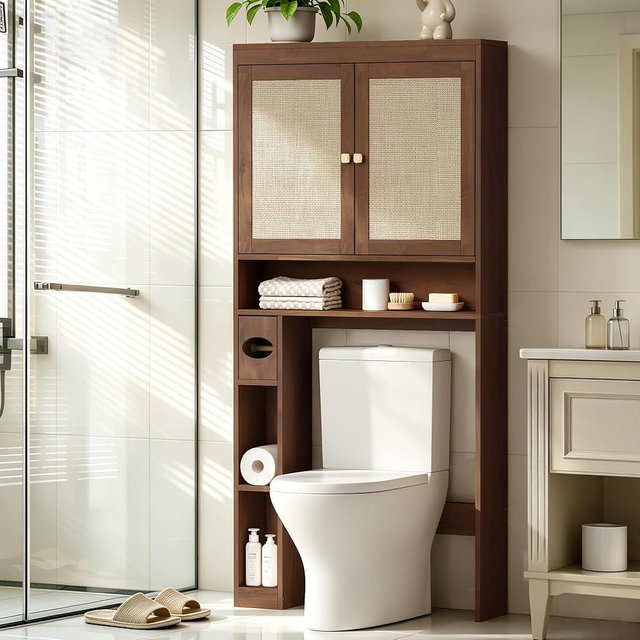 YOCONYO Over The Toilet Storage Cabinet Bathroom Shelf Over Toilet Bathroom Organizer Space Saver Rack with Adjustable Shelf (Chocolate, Rattan Style)
