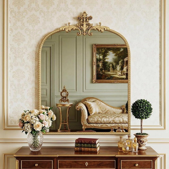 PlushVibes Vintage Arched Gold Mirror - 24"x32" Large Antique Baroque Wall Mirror with Beaded Metal Frame - Ornate Home Decor for Bathroom, Fireplace, Living Room, Hallway, Bedroom