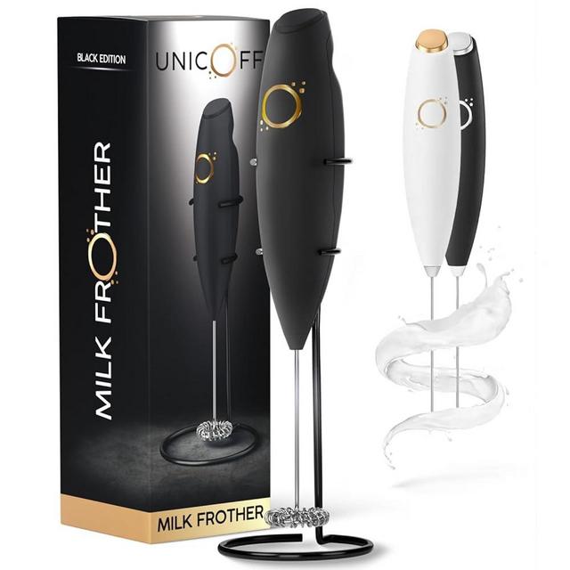 Milk Frother Matte Black - Coffee Frother Handheld with Electric Whisk - 19000 rpm - Book Recipes and Stainless Steel Stand Included - Hand Mixer Electric (Matte Black Onyx)