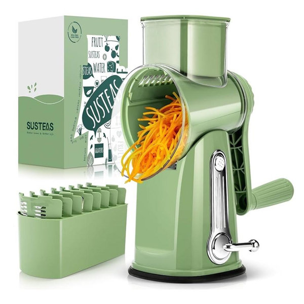 SUSTEAS Rotary Cheese Grater with Handle - Vegetable Shredder with 5 Well-designed Blades & Strong Suction Base,Round Mandoline Slicer & Food Chopper for Kitchen,with Blade Storage Box(Retro Green)