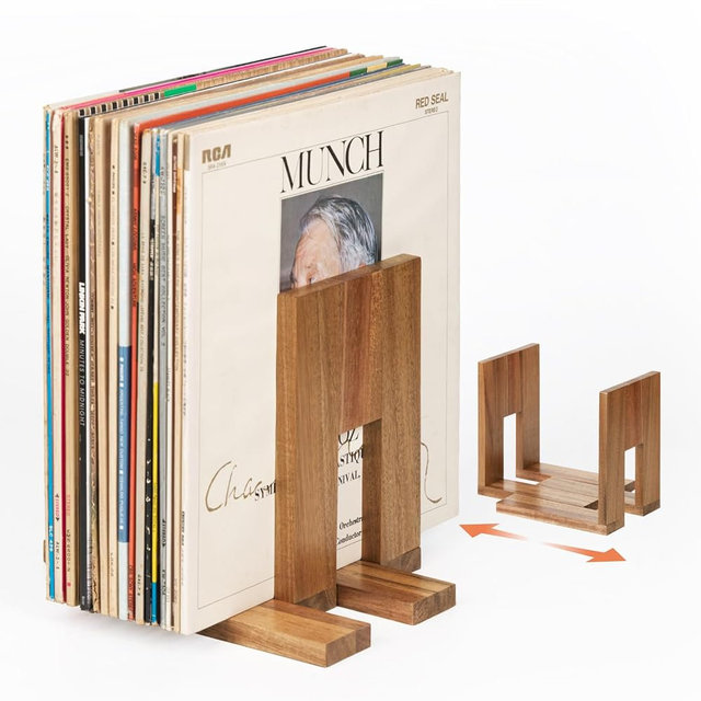 KOSKOG Adjustable Vinyl Record Holder to Keep Records Upright, Holds 20–60 LPs, Solid Acacia Wood Album Stand, Modern Decorative Display for Player, Shelf & Home Decor