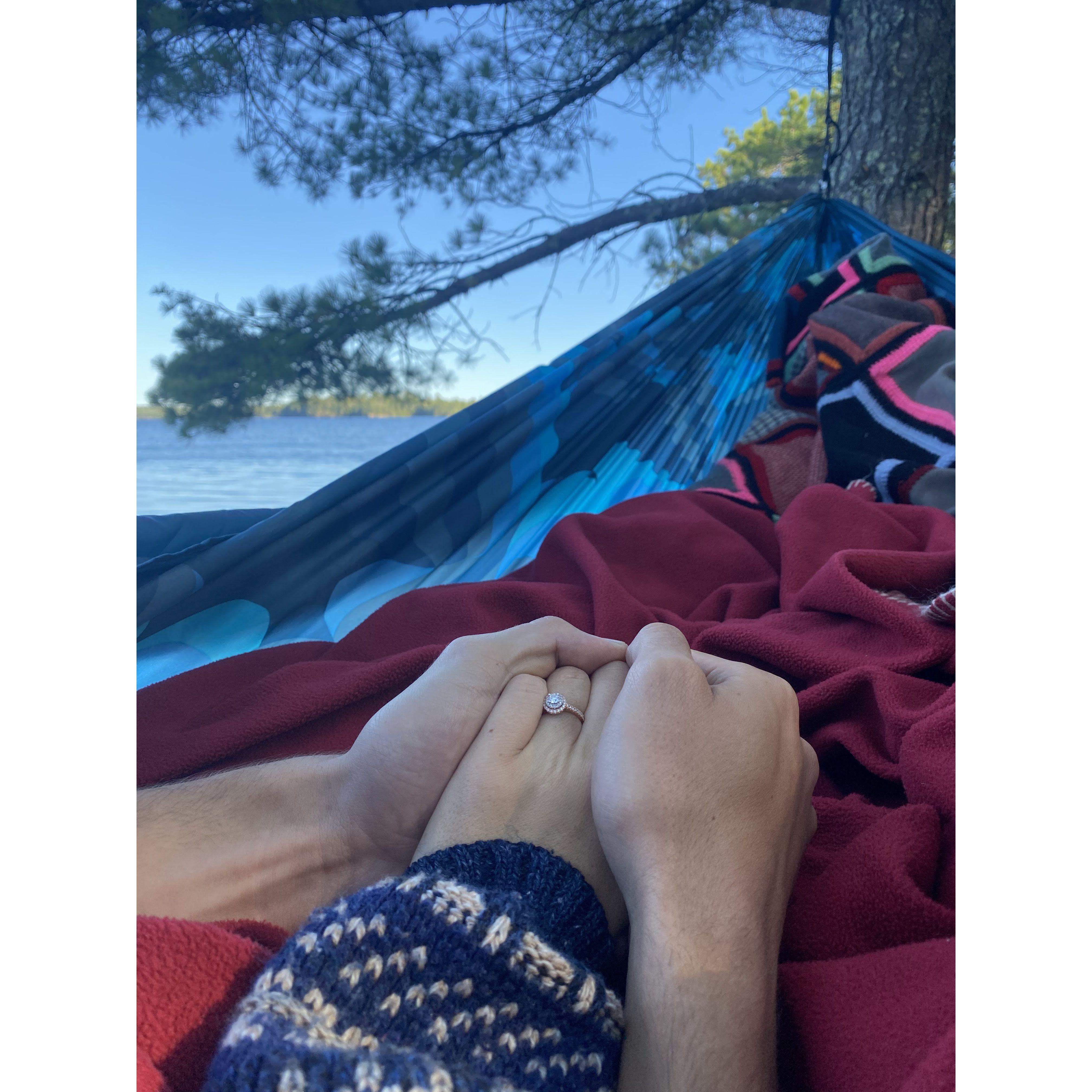 Just engaged! Hammocking at our campsite in Voyageurs National Park