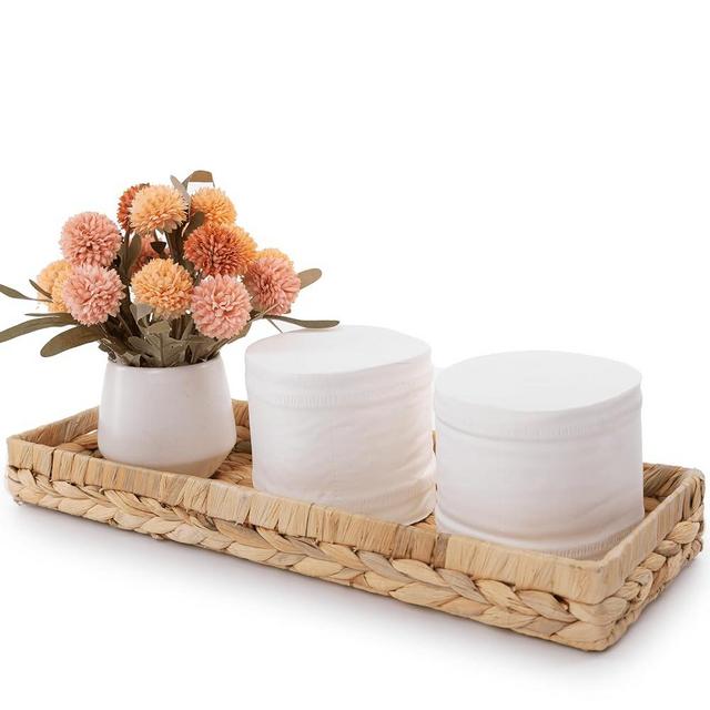 Toilet Tank Tray for Bathroom 16x6 in Back of Toilet Tray Vanity Tray Set for Bathroom Countertop Wicker Storage for Paper Hand Towel Rattan Toilet Tank Basket Woven Hyacinth Trays